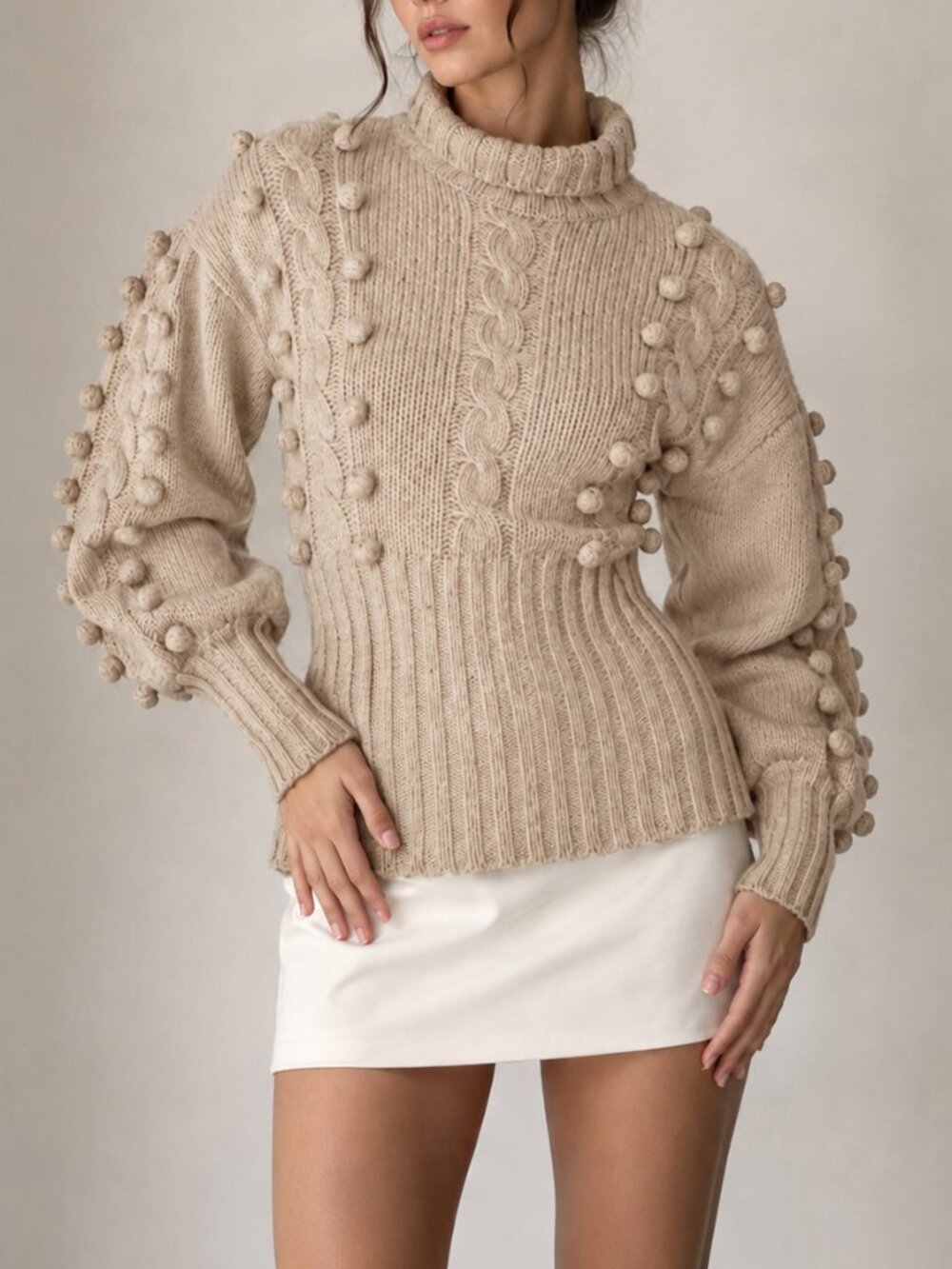 Joslin Beige Cable-Knit Pom-Pom Sweater • US 6